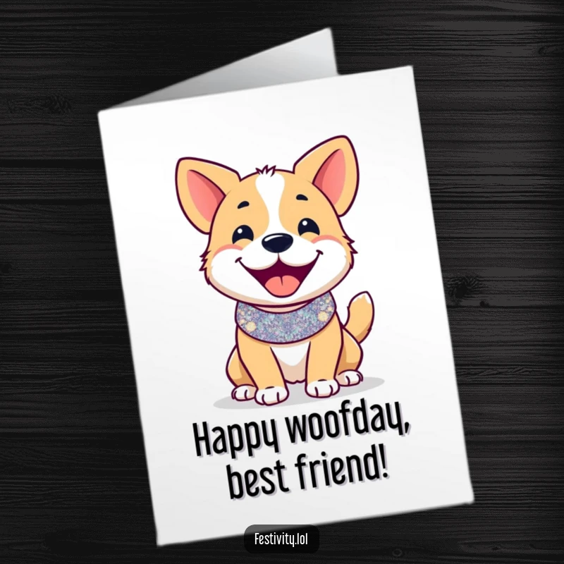 Funny Free Printable Birthday Card: Smiling dog with a glittery collar, wagging tail, wishing a happy birthday.