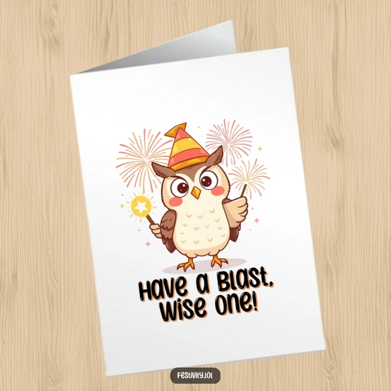 Funny Free Printable Birthday Card featuring a determined owl in a silly hat lighting a massive, dazzling firework.
