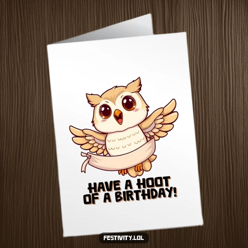 Funny Free Printable Birthday Card: A joyful owl soars through the sky, holding a banner with birthday wishes attached.