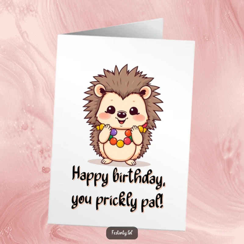 Funny Free Printable Birthday Card: a happy hedgehog in a garland clapping paws, full of festive cheer.