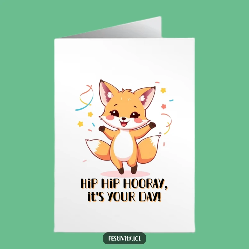 Free Printable Birthday Card: Dancing Fox Cub Streamers - Funny Downloadable Gift