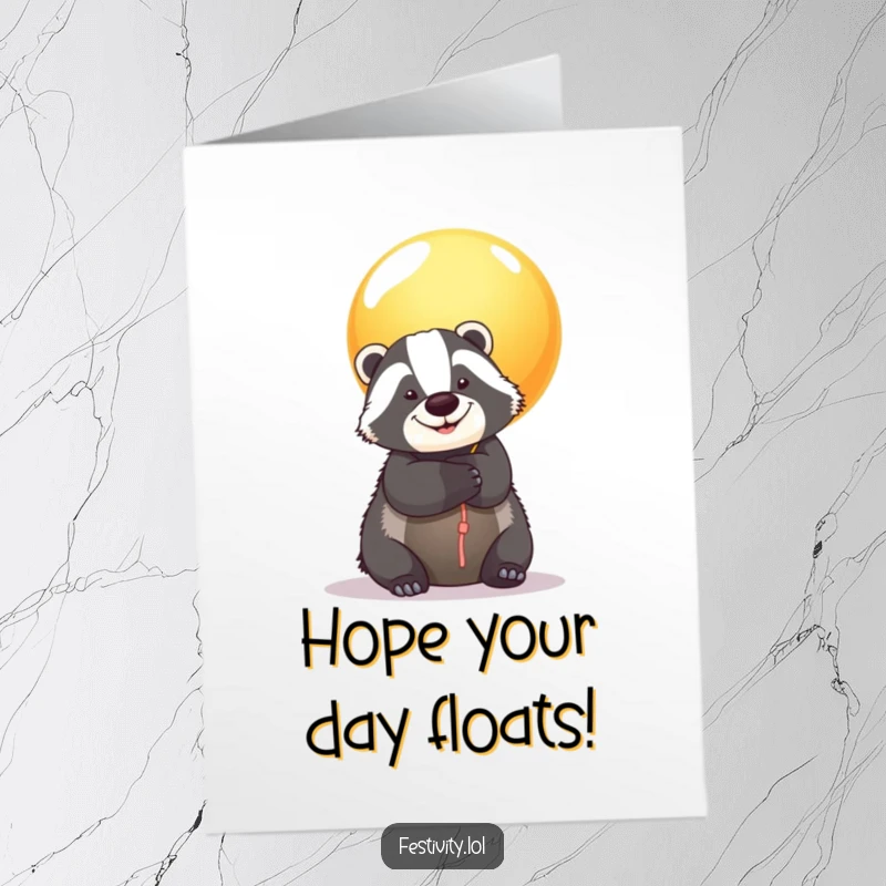 Funny Free Printable Birthday Card: A smiling badger being hugged by a huge, colorful balloon.
