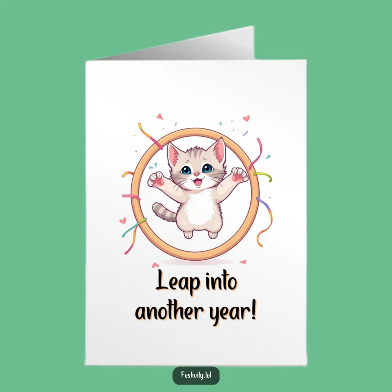 Free Printable Birthday Card: Kitten Leaping Hoop, Playful Downloadable Birthday Greeting