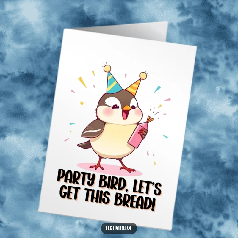 Funny Free Printable Birthday Card: A giggling chickadee joyfully pops a party popper, showering confetti for a festive celebration.