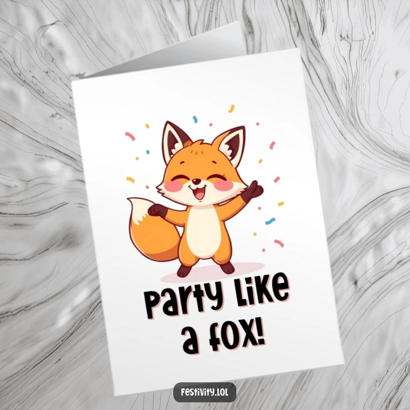 Funny Free Printable Birthday Card featuring a giggling fox dancing wildly as colorful confetti rains down.