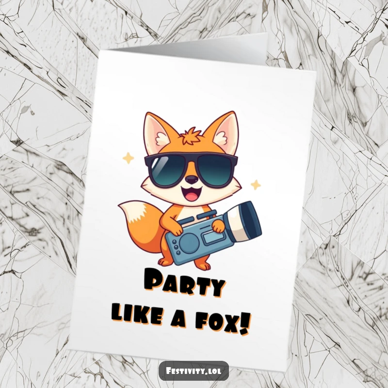 Funny Free Printable birthday card, a happy fox sporting oversized sunglasses and a giant noisemaker, ready to party hard.