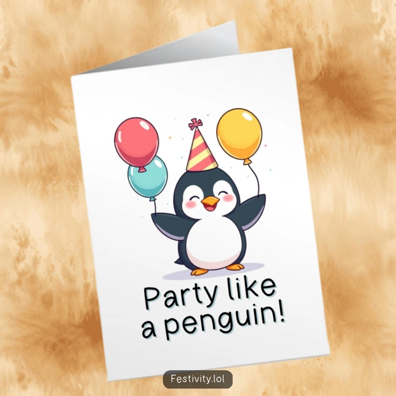 Funny Free Printable Birthday Card: Giggling penguin in a party hat juggling balloons, a festive surprise.