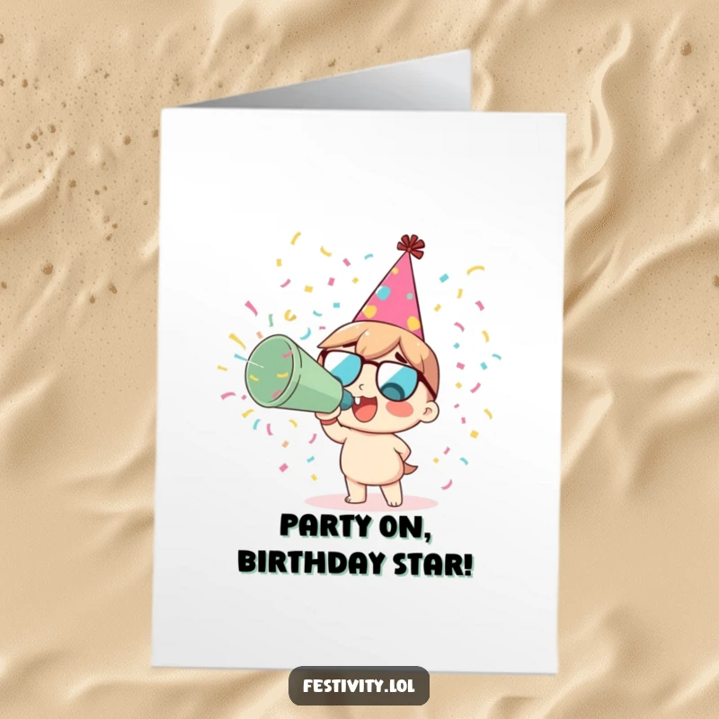 Funny Free Printable Birthday Card: Delighted character in party hat blowing giant confetti cannon, pure celebration.