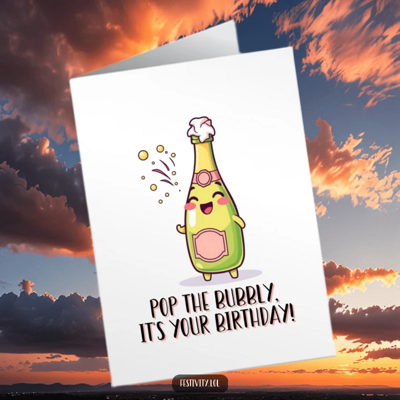 Funny Free Printable Birthday Card: A cheerful champagne bottle spraying foam with a joyous pop, celebrating a happy birthday.