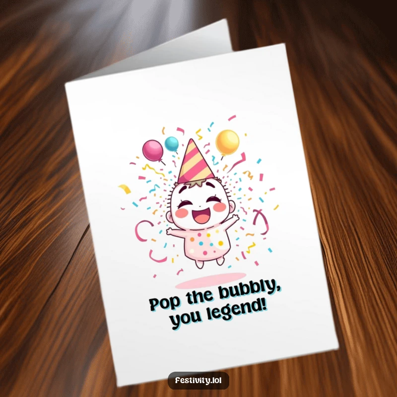 Funny Free Printable Birthday Card: A giggling party popper character joyfully explodes with colorful streamers and confetti for a festive celebration.