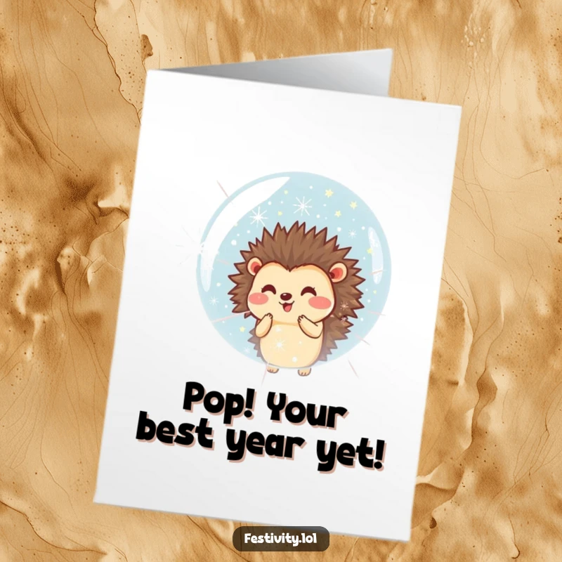 Funny Free Printable Birthday Card: Smiling hedgehog blowing a giant bubble with tiny fireworks, a festive and cheerful card.