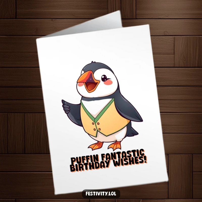 Funny Free Printable Birthday Card: A grinning puffin sporting a festive vest and waving a tiny flag, ready for birthday celebrations.