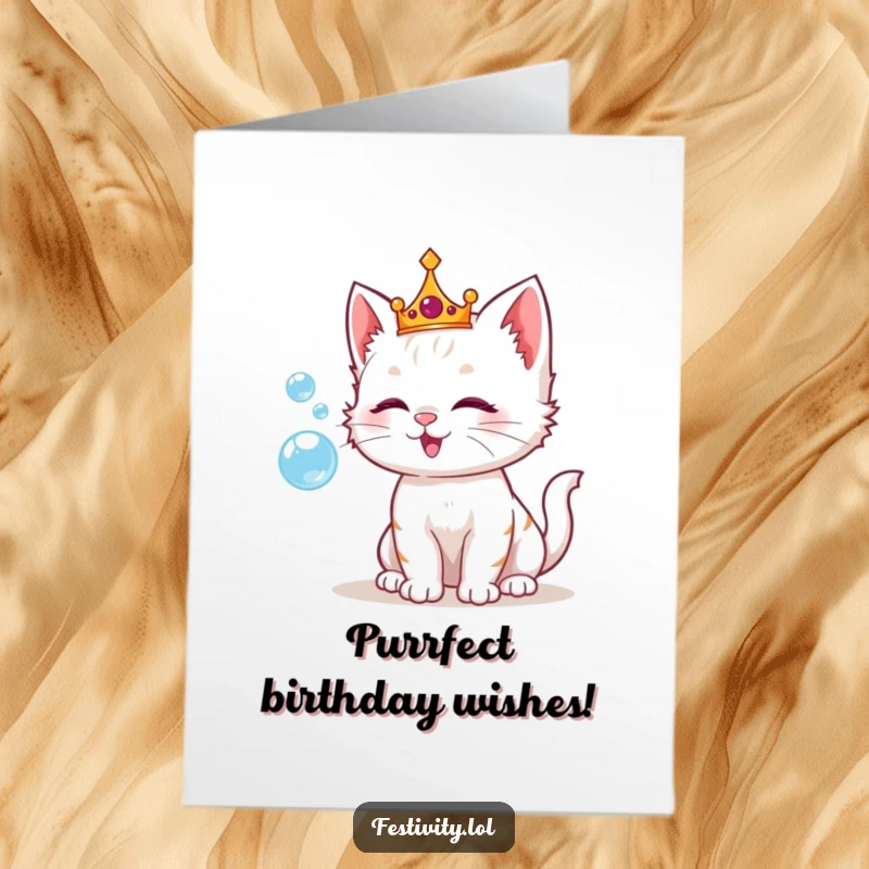 Funny Free Printable Birthday Card featuring a playful kitten wearing a crown, joyfully blowing iridescent bubbles.