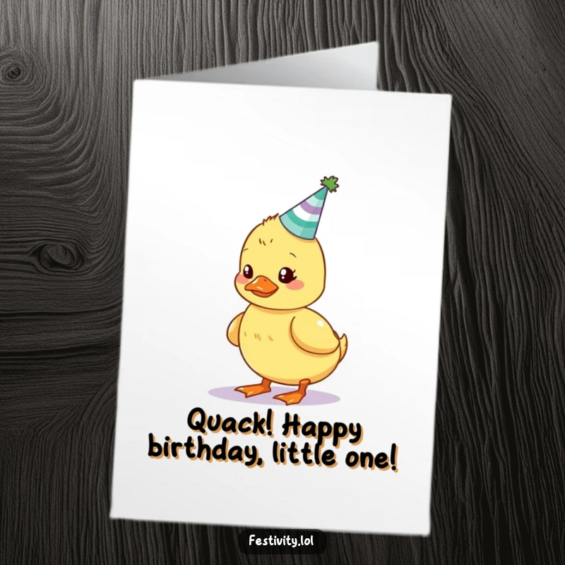 Funny Free Printable Birthday Card: a wobbly duckling struggling to balance a tiny birthday cake, cute and comical.