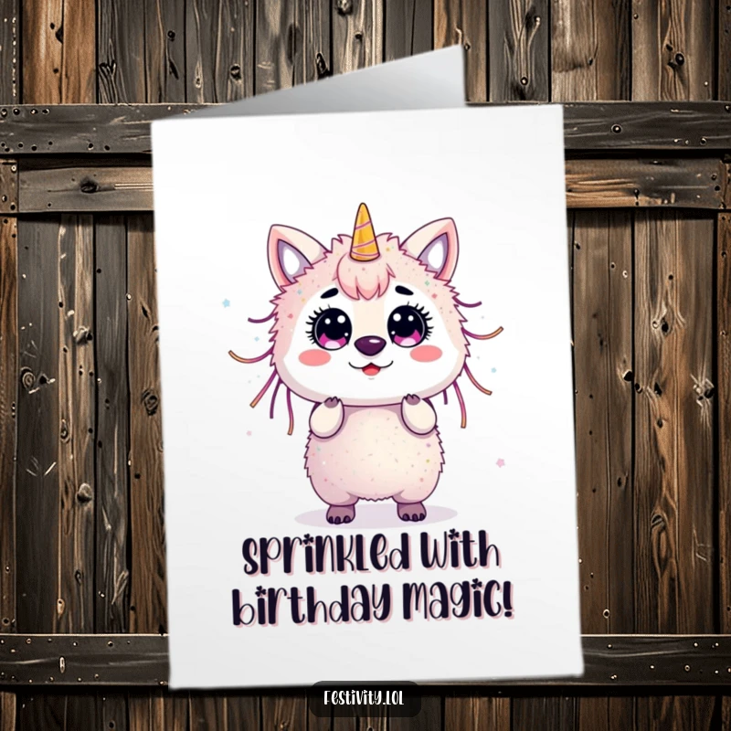 Funny Free Printable Birthday Card: Surprised animal covered in streamers and glitter, a messy birthday shock.