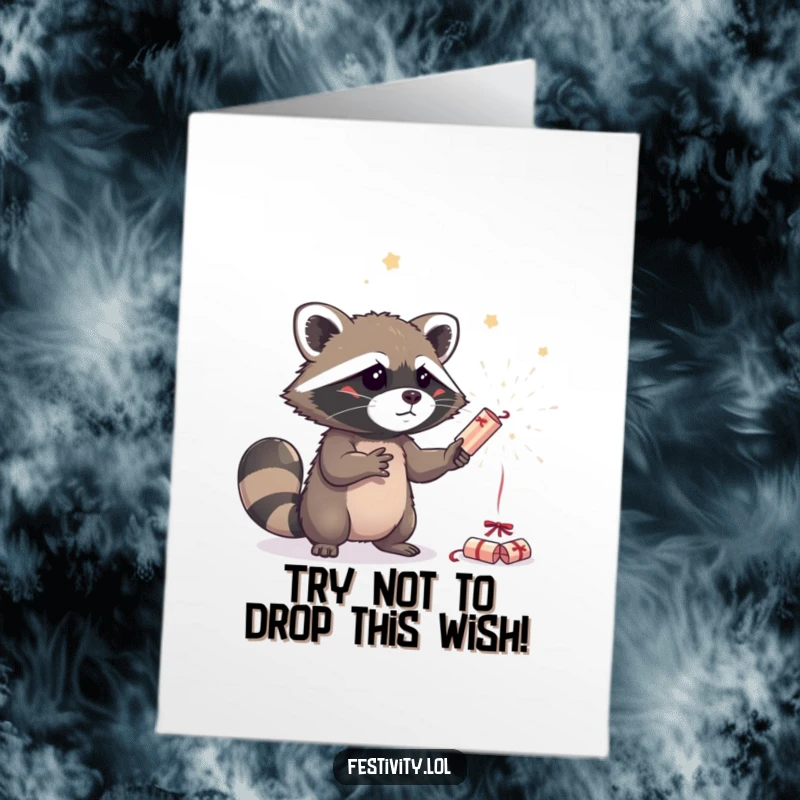 Funny Free Printable Birthday Card: Curious raccoon comically juggling sparkling party crackers with intense concentration.