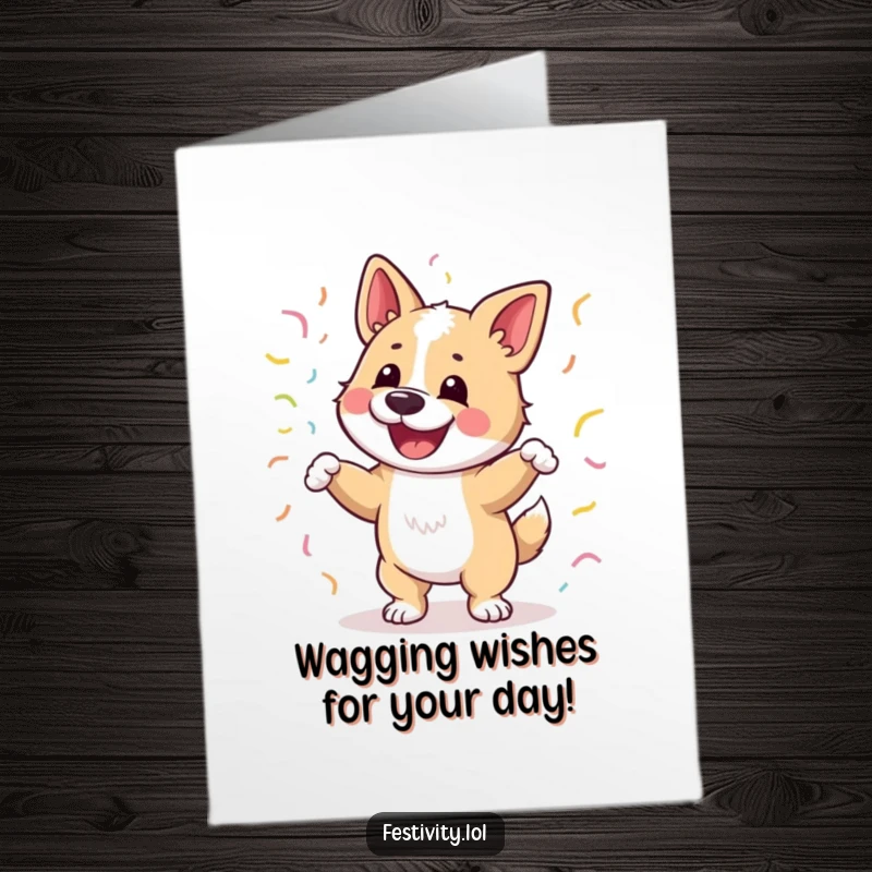 Funny Free Printable Birthday Card: Happy dog joyfully dancing with colorful streamers wrapped around its body, a festive greeting.