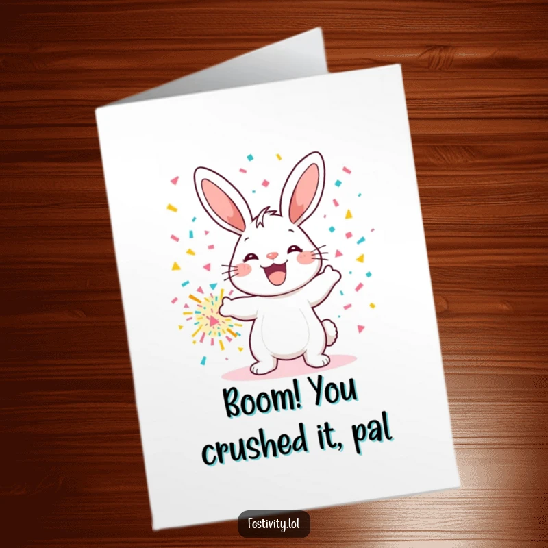 Funny Free Printable congratulations card: A joyful bunny launching a massive confetti bomb, celebrating a major accomplishment.