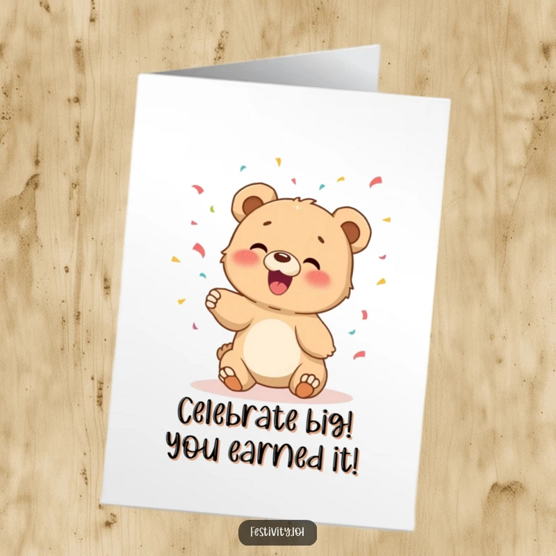 Funny free printable congratulations card featuring a giggling bear cub gleefully tossing handfuls of colorful confetti in celebration.