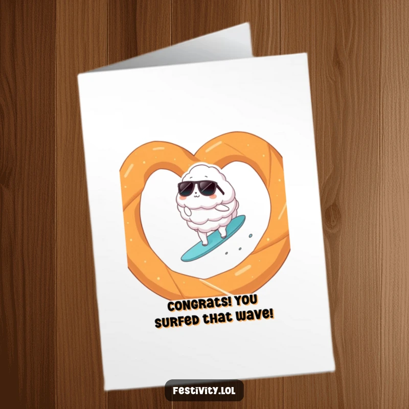 Free Printable Congratulations Card: A cool cloud wearing sunglasses attempts to surf a giant pretzel.