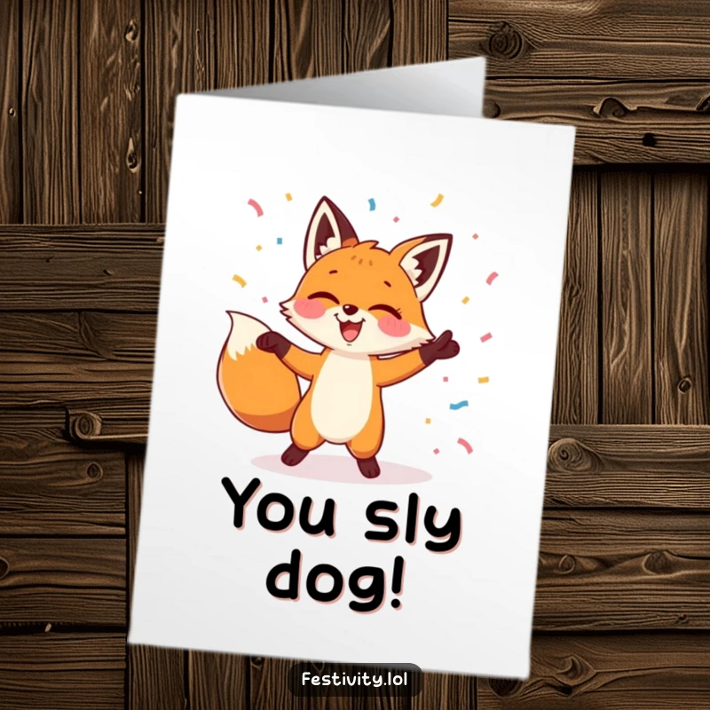Funny Free Printable Congratulations Card showing a fox in mid-dance, surrounded by a shower of colorful confetti.