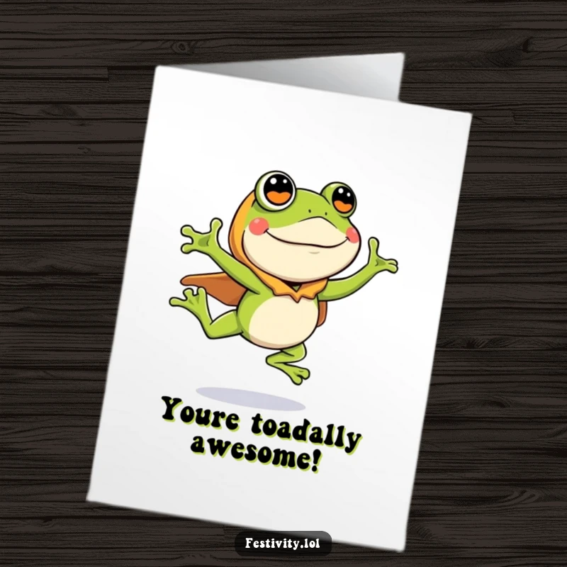 Funny Free Printable Congratulations Card: An enthusiastic frog wearing a costume performs a mighty leap, a downloadable celebration.