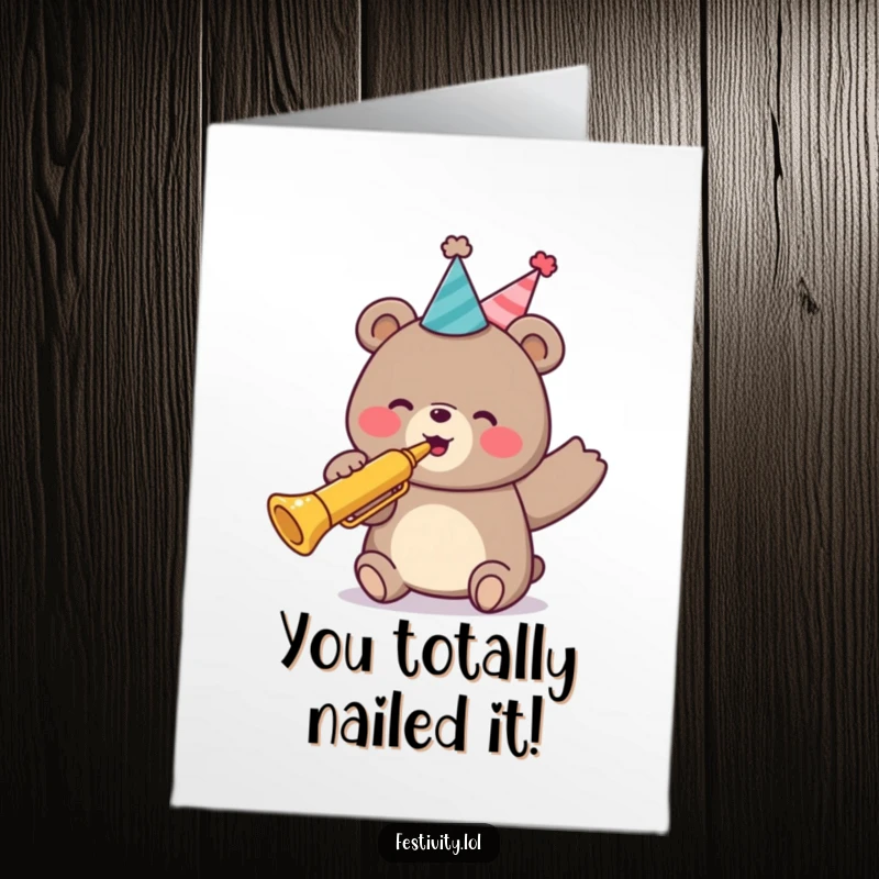 Funny Free Printable Congratulations Card with a jubilant bear wearing a party hat and triumphantly blowing a trumpet.
