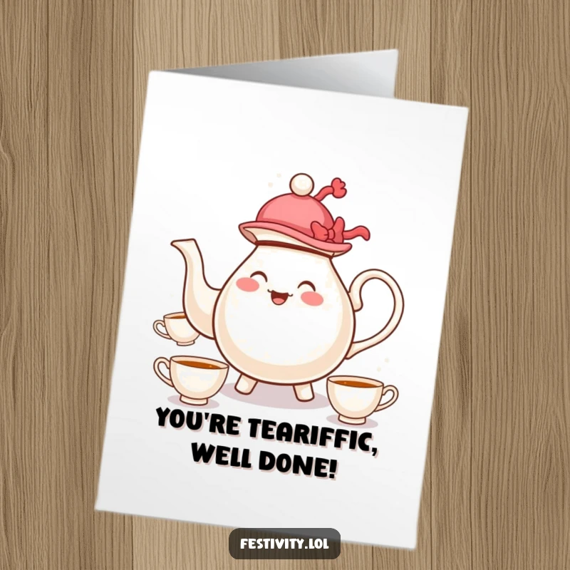 Funny Free Printable Congratulations Card: A cheerful teapot wearing a hat juggles teacups, celebrating your success.
