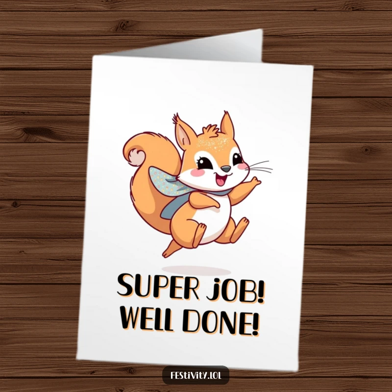 Funny free printable congratulations card featuring a playful squirrel wearing a sparkly cape, mid-leap with joyful exuberance.