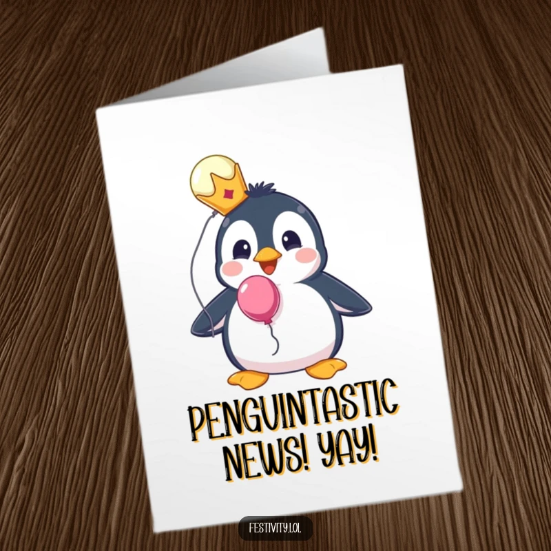 Funny free printable congratulations card showing a surprised penguin adorned with a small crown, holding a festive balloon.
