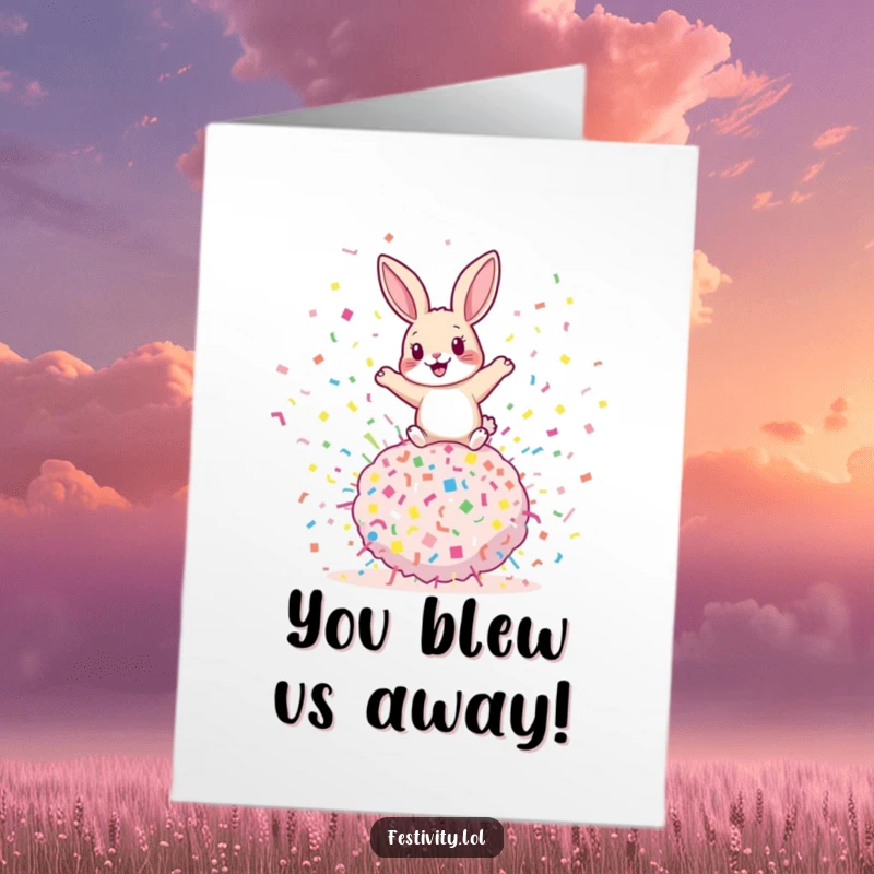 Funny free printable congratulations card of a playful rabbit bouncing on a confetti bomb, celebrating success with explosive, humorous energy.
