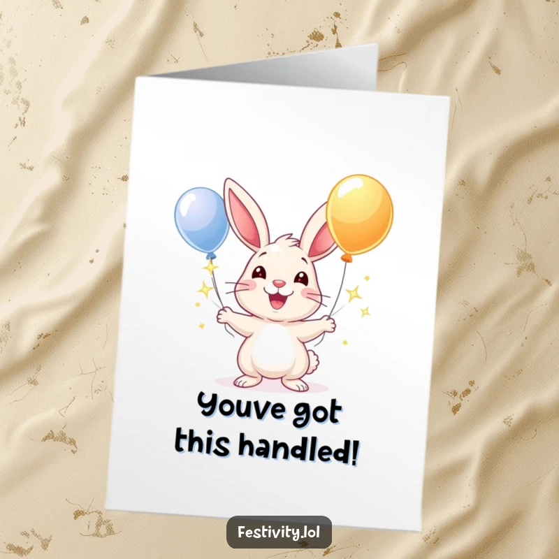 Funny Free Printable Congratulations Card depicting a happy rabbit expertly juggling shiny, sparkling balloons.