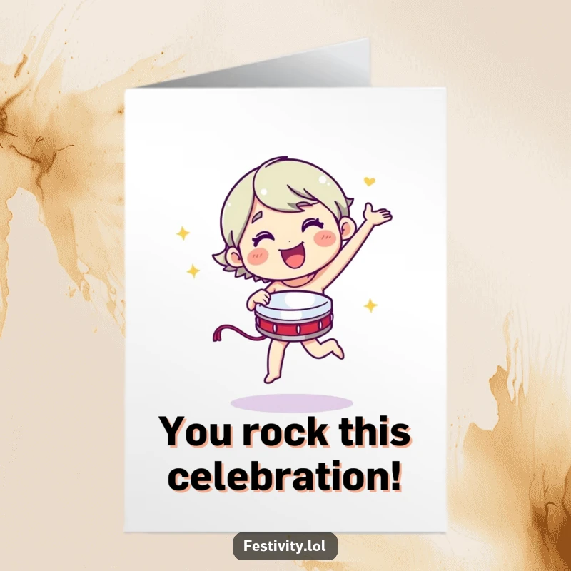 Funny Free Printable Congratulations Card: Character dancing energetically with tambourine, celebrating success with music.