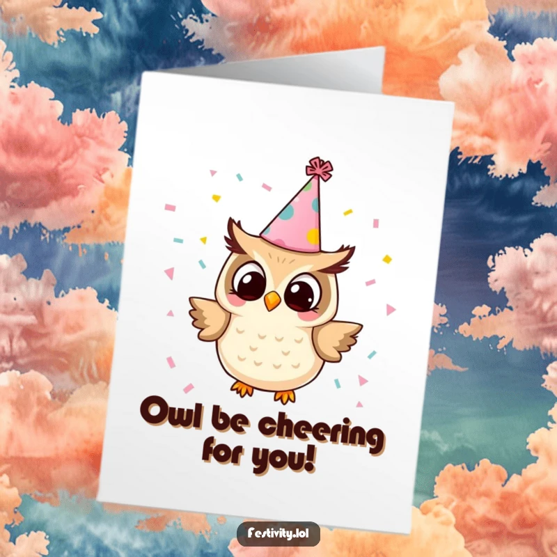 Funny Free Printable Congratulations Card: A festive owl showering confetti, perfect for celebrating achievements.