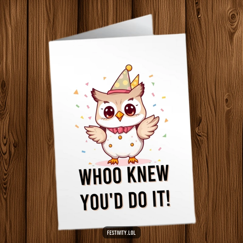 Funny Free Printable Congrats Card: A tiny owl dressed as a planner, enthusiastically showering confetti for a big win.