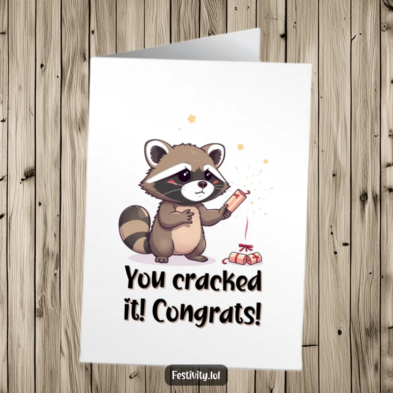 Funny Free Printable Congrats Card: Amusing raccoon attempting to juggle three sparkling party crackers, a messy celebration.