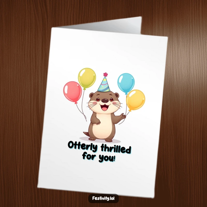 Funny Free Printable Congrats Card: A happy otter wearing a party hat juggles balloons, radiating celebratory cheer.