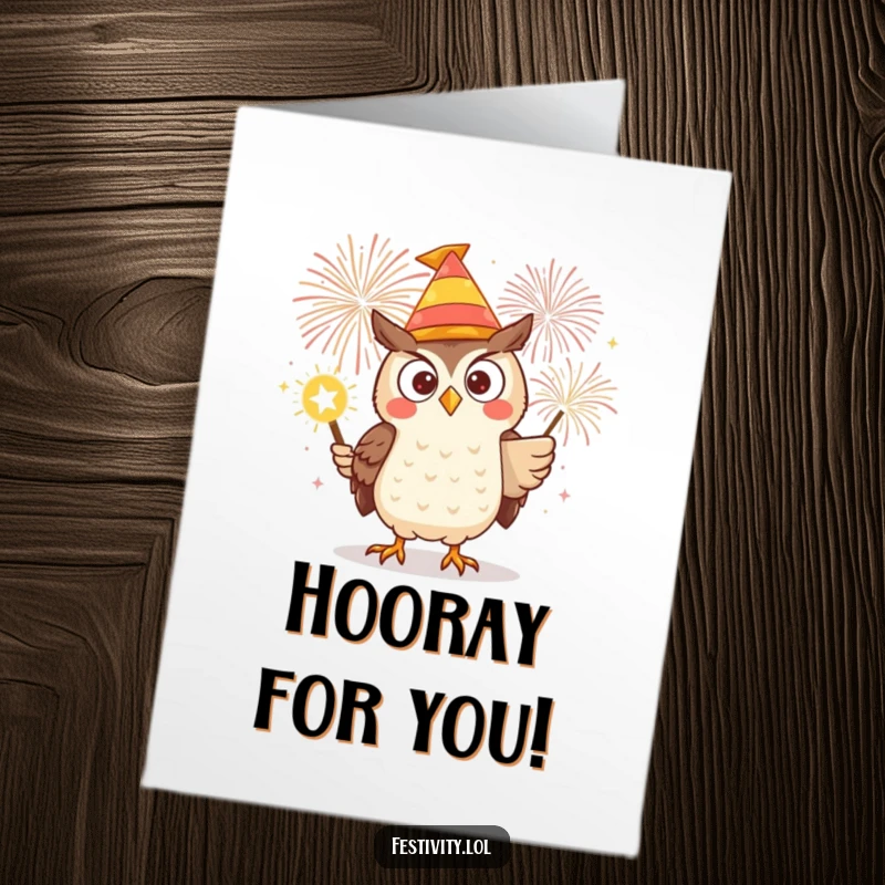 Funny Free Printable Congratulations Card showing a determined owl in a silly hat setting off a giant, brilliant firework.