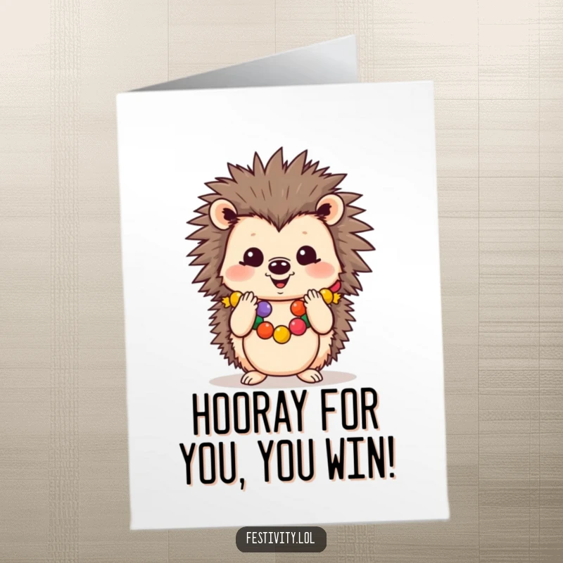 Funny Free Printable Congratulations Card: a cheerful hedgehog wearing a garland and clapping its paws, celebrating success.