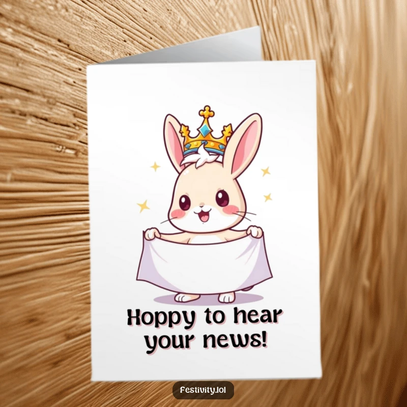 Funny Free Printable Congratulations Card: A regal rabbit with a crown presenting a sparkling banner of congrats.