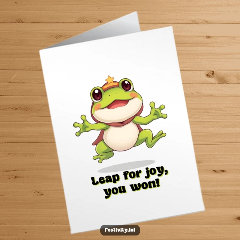 Funny Free Printable Congratulations Card: A silly frog in a costume performing an enthusiastic leap to celebrate achievements.