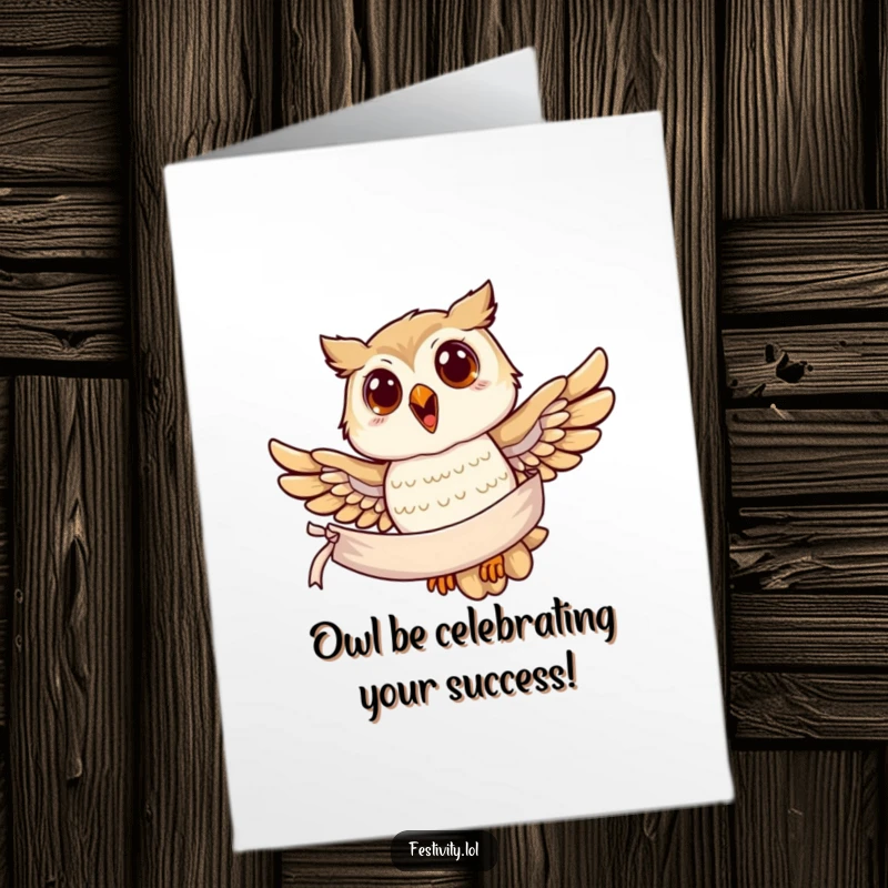 Funny Free Printable Congrats Card: A joyful owl carries a banner proclaiming congratulations, soaring high with pride.