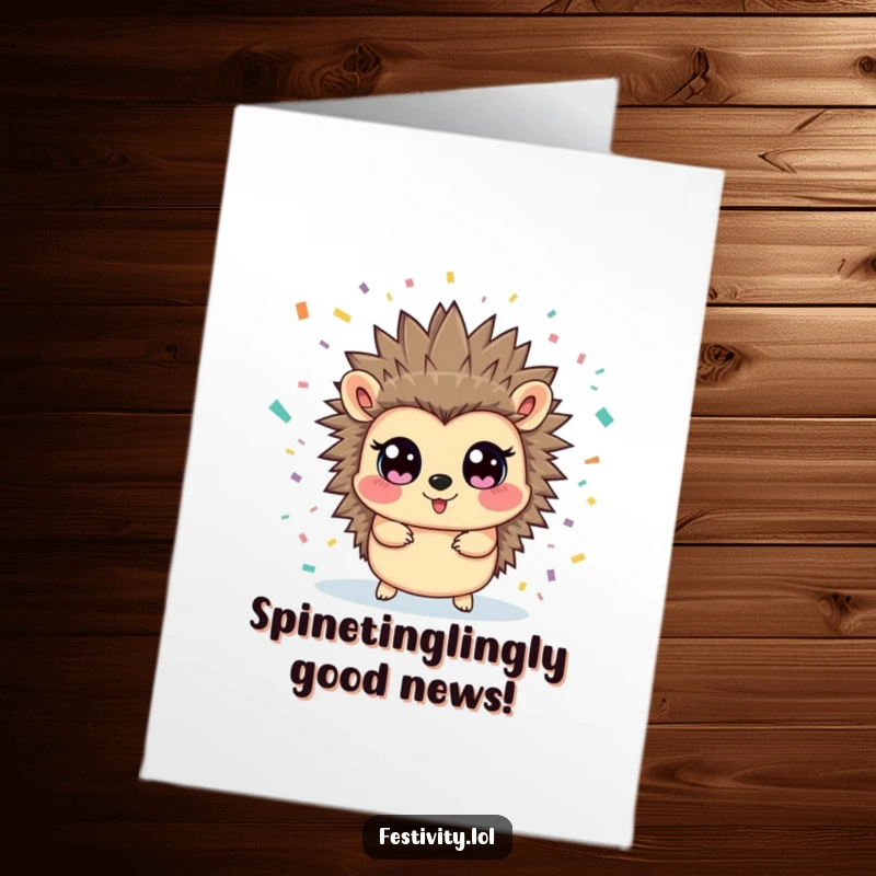 Funny Free Printable Congratulations Card: A happy hedgehog is caught off guard by a confetti blast, eyes wide with surprise.