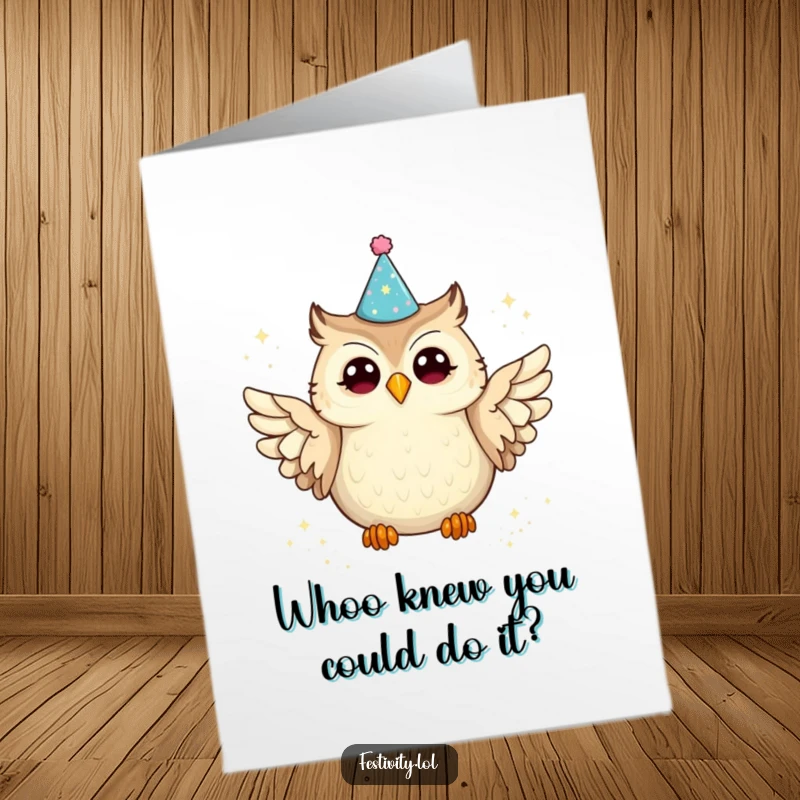 Funny free printable congratulations card with a joyful owl spilling glitter, celebrating success with humor and sparkle.