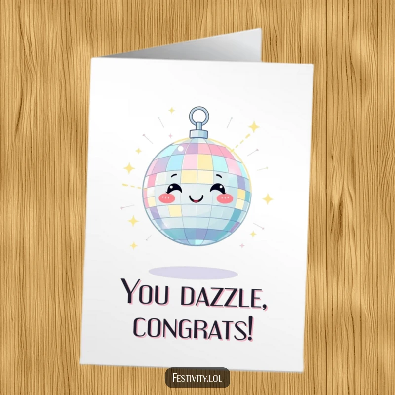 Funny Free Printable Congratulations Card: A satisfied disco ball character radiates joyful light beams, celebrating triumphs with a happy twinkle.