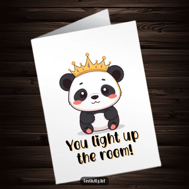 Funny Free Printable Congrats Card: Determined panda wearing a crown of tiny twinkling lights, celebrating achievement with pride.