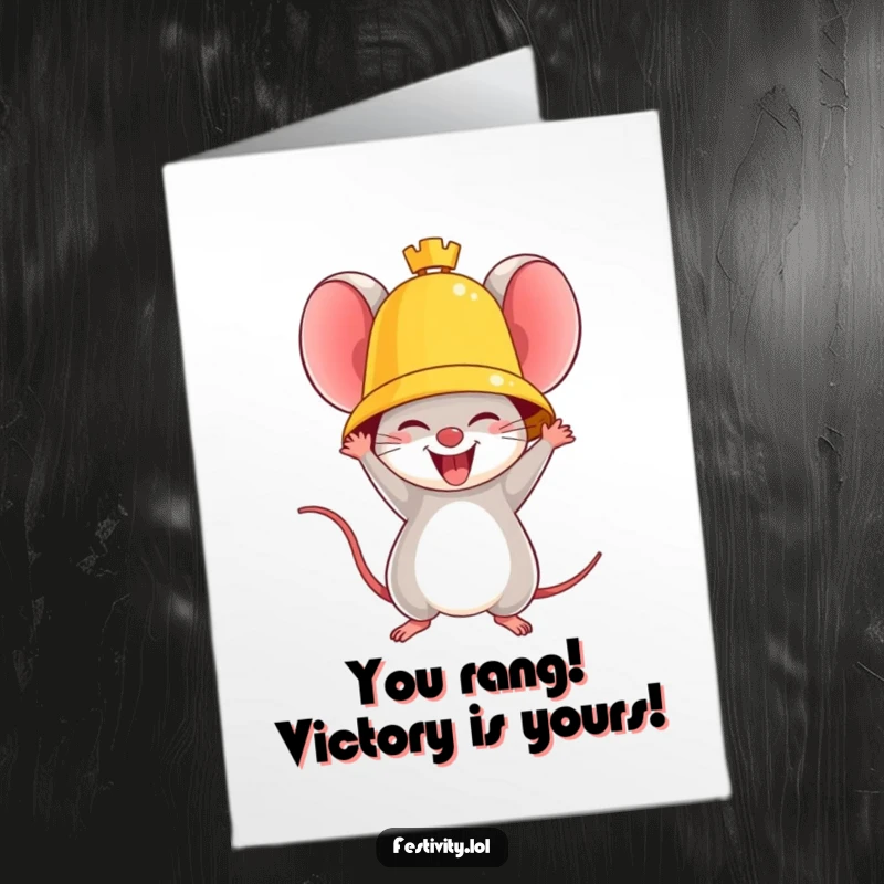 Funny Free Printable Congratulations Card: a mouse ringing a huge golden bell, celebrating victory with ecstatic joy.