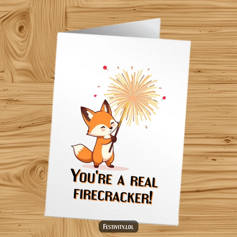 Funny Free Printable Congratulations Card: A determined fox proudly holds a spectacular, blooming firework for your achievement.