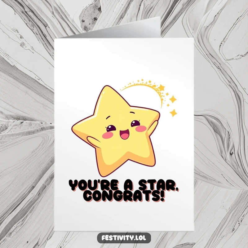 Funny Free Printable Congratulations Card: A delighted star character leaves a sparkling glitter trail in a dynamic arc.