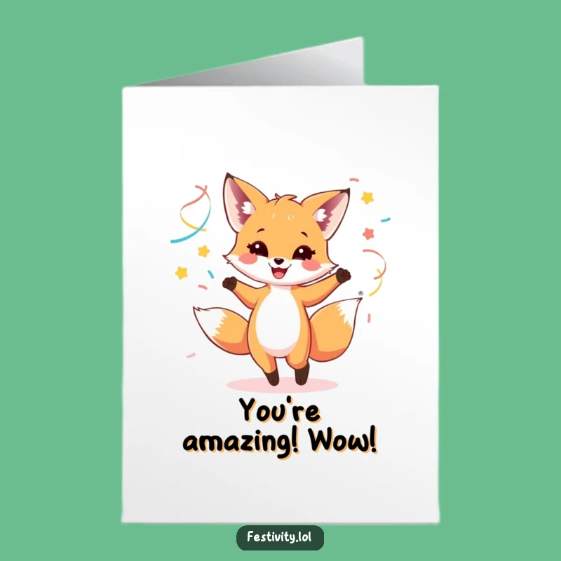 Free Printable Congrats Card: Dancing Fox Cub Streamers - Joyful Downloadable Art